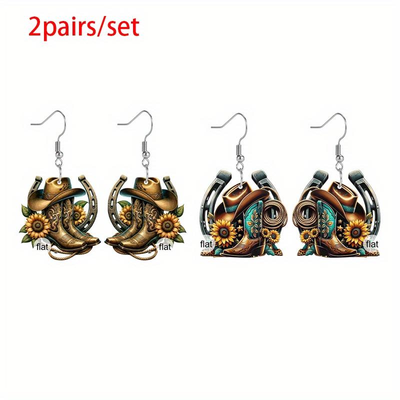 Western Style Horseshoe Cowboy Hat Boots Sunflower Acrylic Earrings for Women Trendy Fashion Dangle Earrings