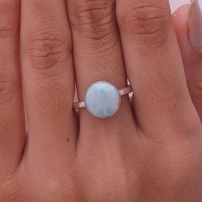 Naturlig Larimar Rund Ädelstensring, Solid 925 Sterling Silver, Handgjord Ring, Infattad Ring, Stapelbar Ring, Ring För Kvinnor