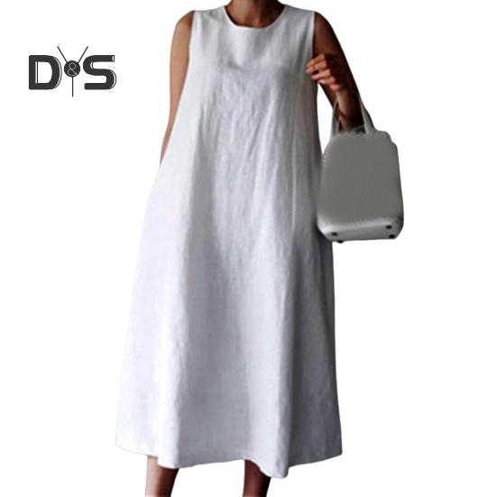 

Женское летнее платье с круглым вырезом, свободное трапециевидное платье без рукавов, сплошной цвет до середины икры, мягкие дышащие повседневные карманы, женское платье миди больших размеров L белый