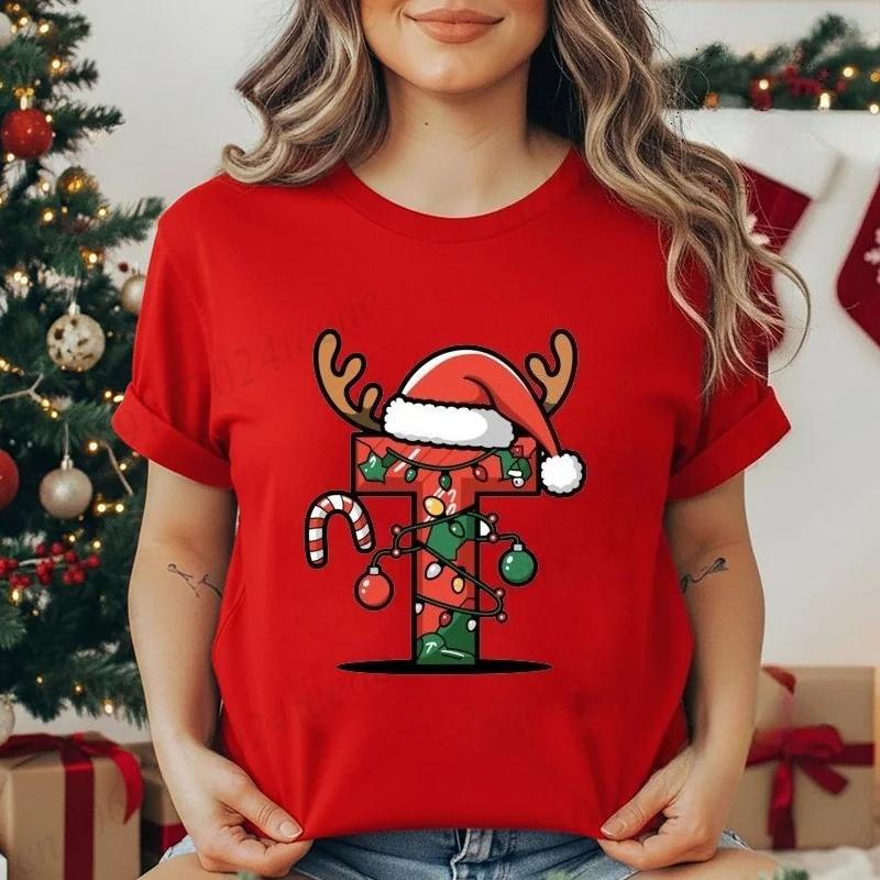 Festive Christmas Alphabet Letter Santa Hat Print Tshirt for Women Fashion T Shirt Streetwear Female Clothes Casual clothing