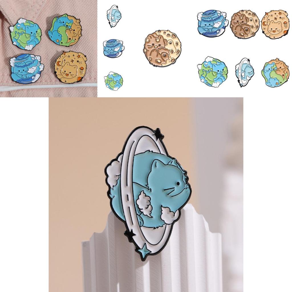 Cute Cartoon Creative Earth Ocean Protection Brooch Adorable Cat Planet Pin For Accessories
