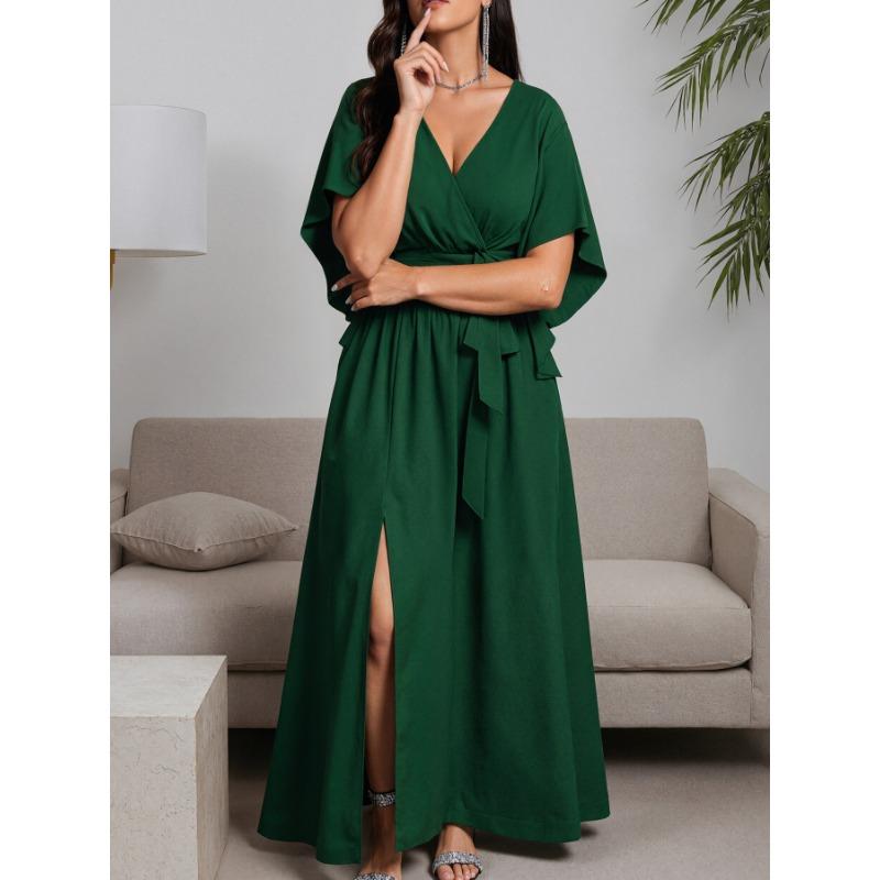 Plus Size Women Cross V Neck Frill Short Sleeve High Waist Long Banquet Evening Dress