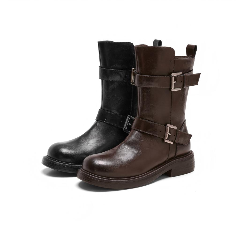 Saturday temperament Maillard boots children's 2025 autumn and winter new belt buckle round toe mid length boots European and American fashion boots