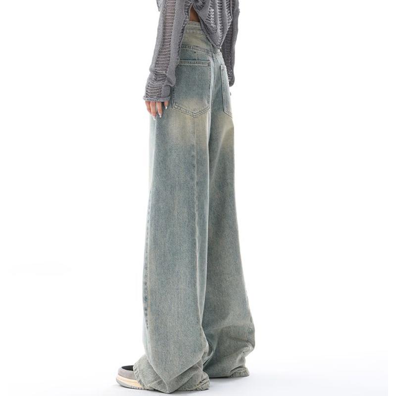 WTEMPO All Season American Retro High Waist Jeans Women Casual Loose Long Wide Leg Denim Pants with Pockets Streetwear