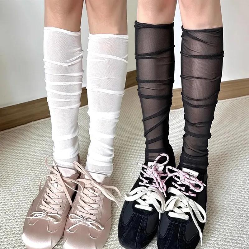 New Women Lolita Socks Y2K Solid Long Loose Socks Female Spring Breathable Lace Casual Sweet Soft Korean Over The Knee Stockings