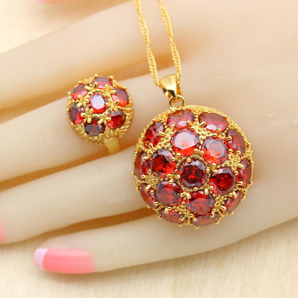 Gold Color Jewelry Sets For Women Red Zircon Bracelet Hoop Earrings Necklace Pendant Rings Free Gift Box