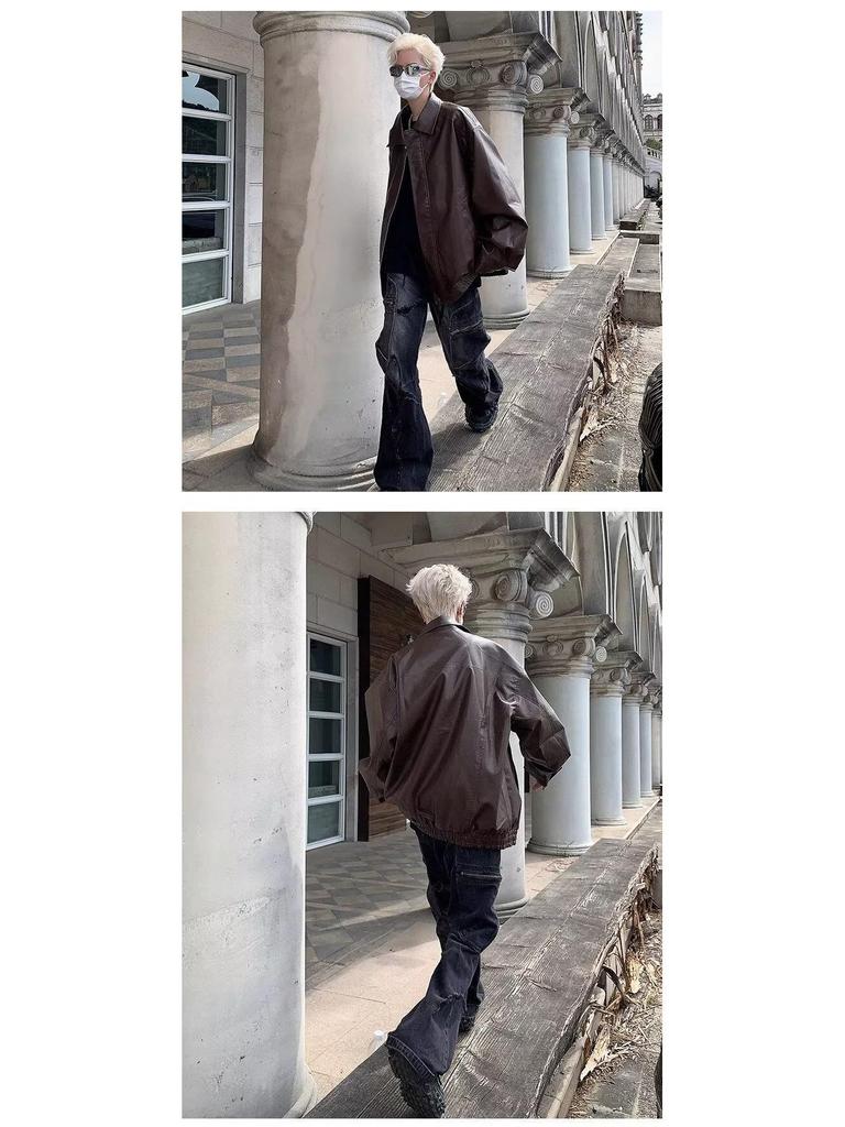 Men's Japanese Retro Leather Motorcycle Jacket - Spring/Autumn Streetwear, Trendy Loose Fit, Cool Lapel Style.