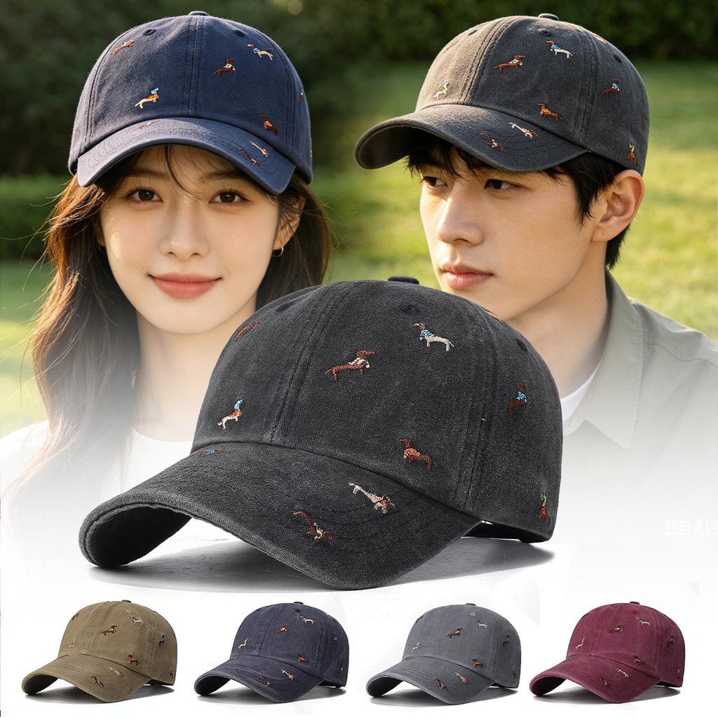 Washed Baseball Cap with Dog Embroidery Vintage Streetwear Hat
