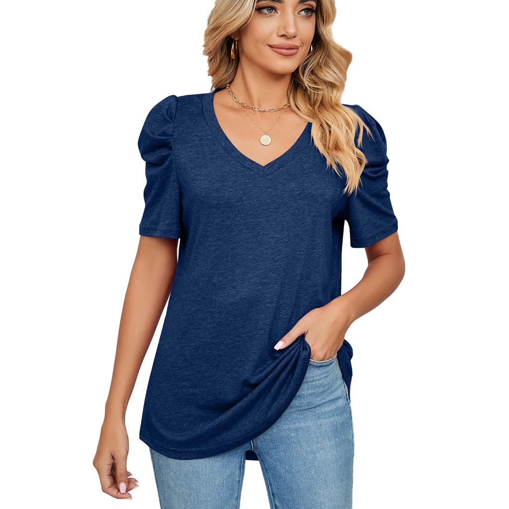 Sommer Frauen T-shirt Einfarbig Lose Beiläufige V-ausschnitt Kurzarm Tops
