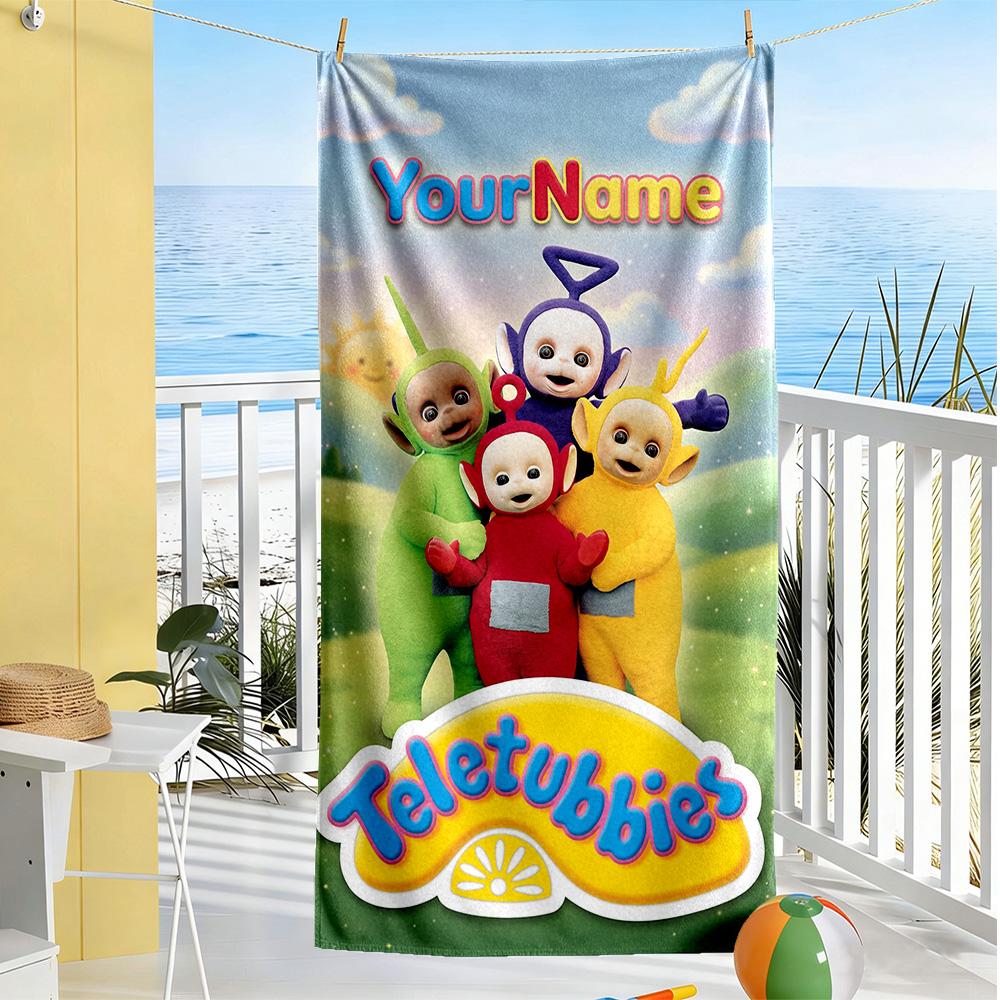 Teletubbies Customize Text Beach Towel Quick-Dry Soft Microfiber Ideal for Travel Outdoor Swim Pool Yoga Surf Camping Hiking Gym Gift Holiday