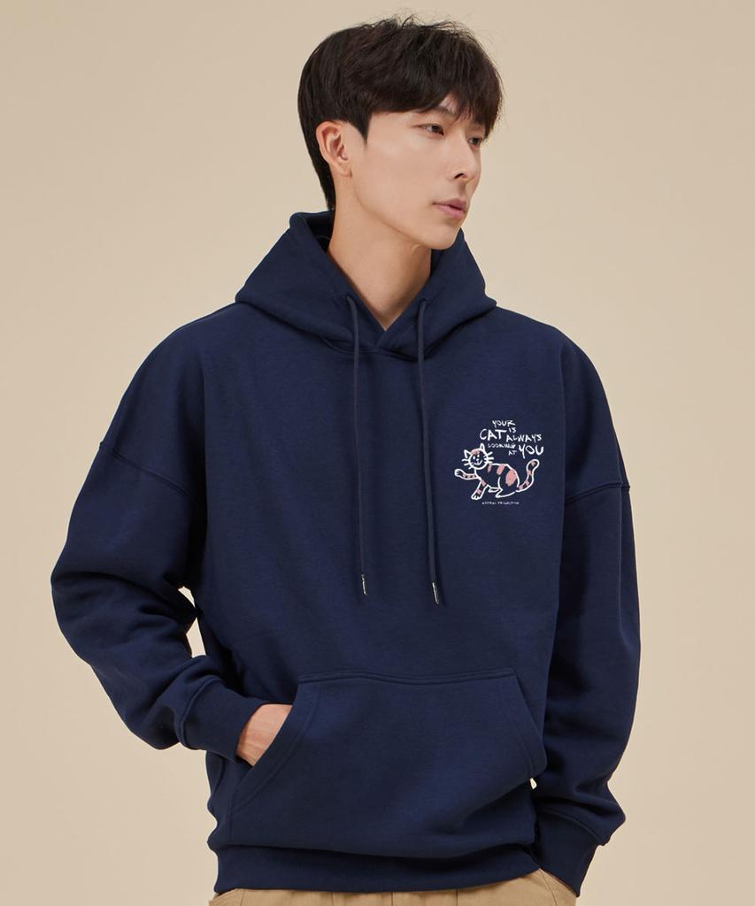 Doodle Cat Oversized Wide Shoulder Hoodie_Navy