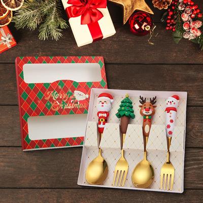 4-teiliges Weihnachtslöffel- und Gabel-Set, Dessertlöffel, Besteck, Kaffeebar-Zubehör für Getränke, Eisgetränke