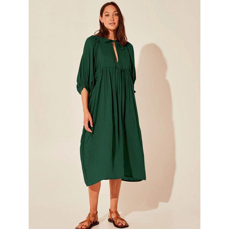Cross-Border Amazon Autumn New Plus size Loose Long sleeve Lantern Sleeve Casual Retro Solid Long Dress