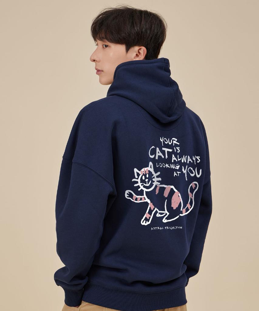 Doodle Cat Oversized Wide Shoulder Hoodie_Navy
