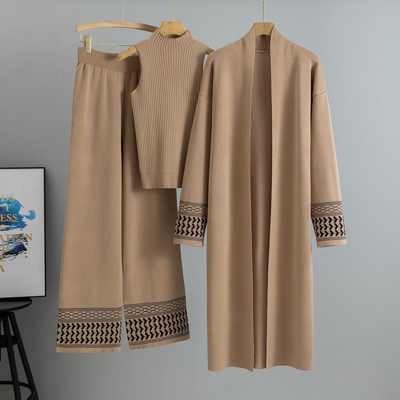 

European Elegant Knitwear Set: Autumn-Winter Vest, Sweater Cardigan, and Wide-Leg Pants for Women One Size хаки