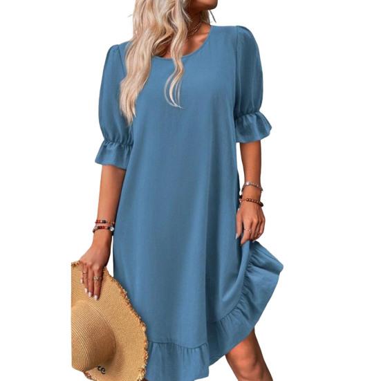 Summer Women Dress Mid Sleeves Solid Color Loose A-line Big Swing Ruffle Patchwork O Neck Pullover Knee Length Midi Dress