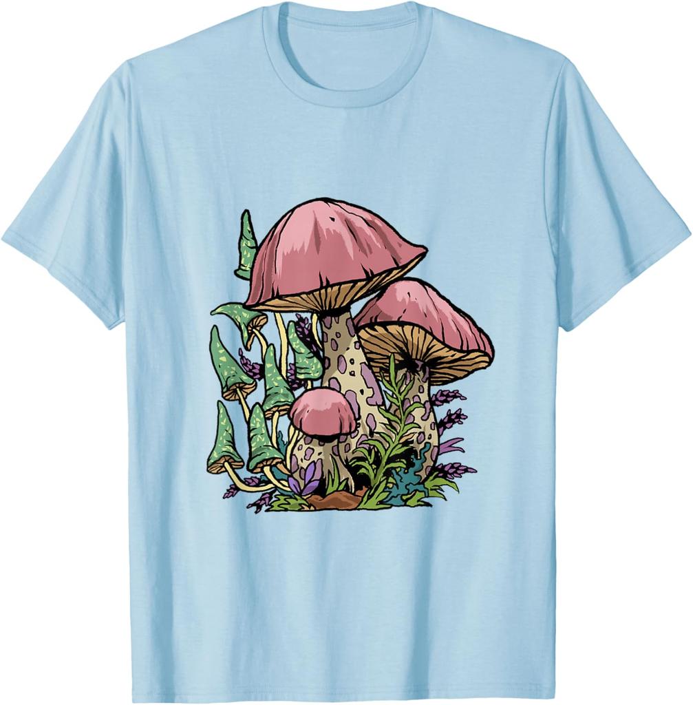 Psychedelic Cottagecore Mushroom Print Graphic Tee Soft Casual T-Shirt for Men Trip