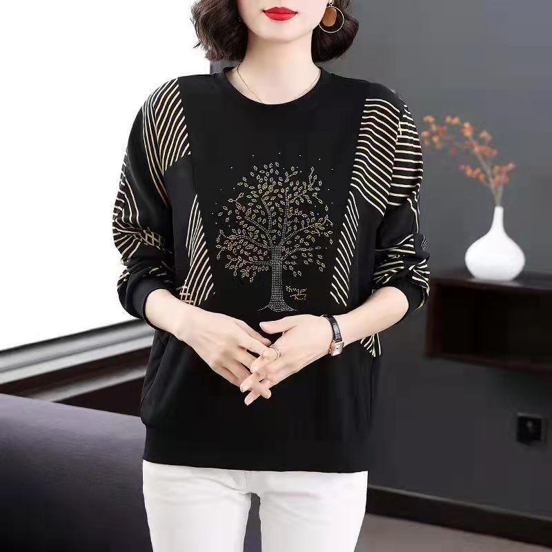 Long Sleeved T-shirt Women Spring Autumn New Loose Fitting Batshirt Mothers Round Collar Bat Sleeve Print Top M-5XL