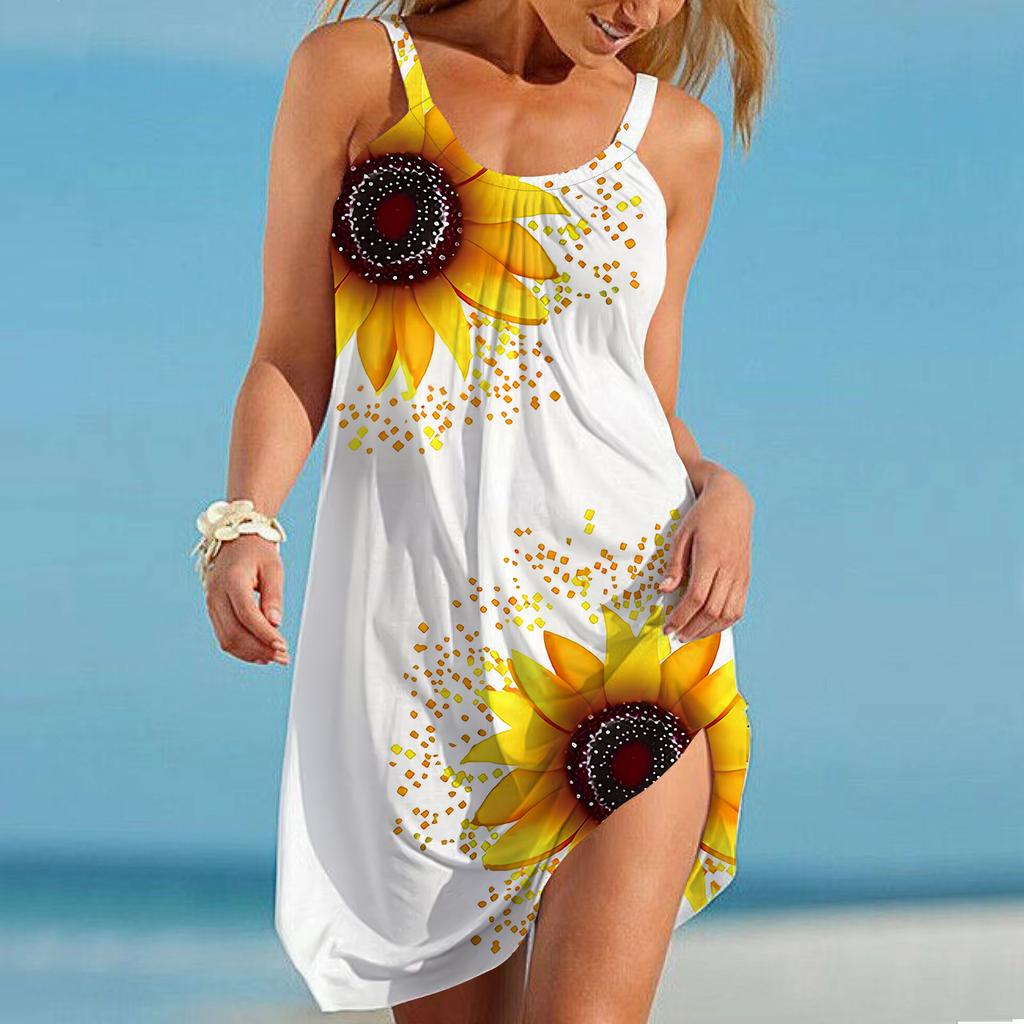 Beach Wear Mini Dress Sunflower Print Casual Modern Dress Sleeveless Loose Fit Outdoor Daily Summer