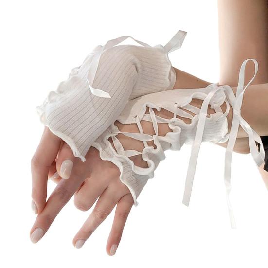 Women Retro Fingerless Gloves Gothic Lace Arm Sleeves with Straps Ruffled Lace-up Wrist Cuffs for Cosplay Prom Daily Wear