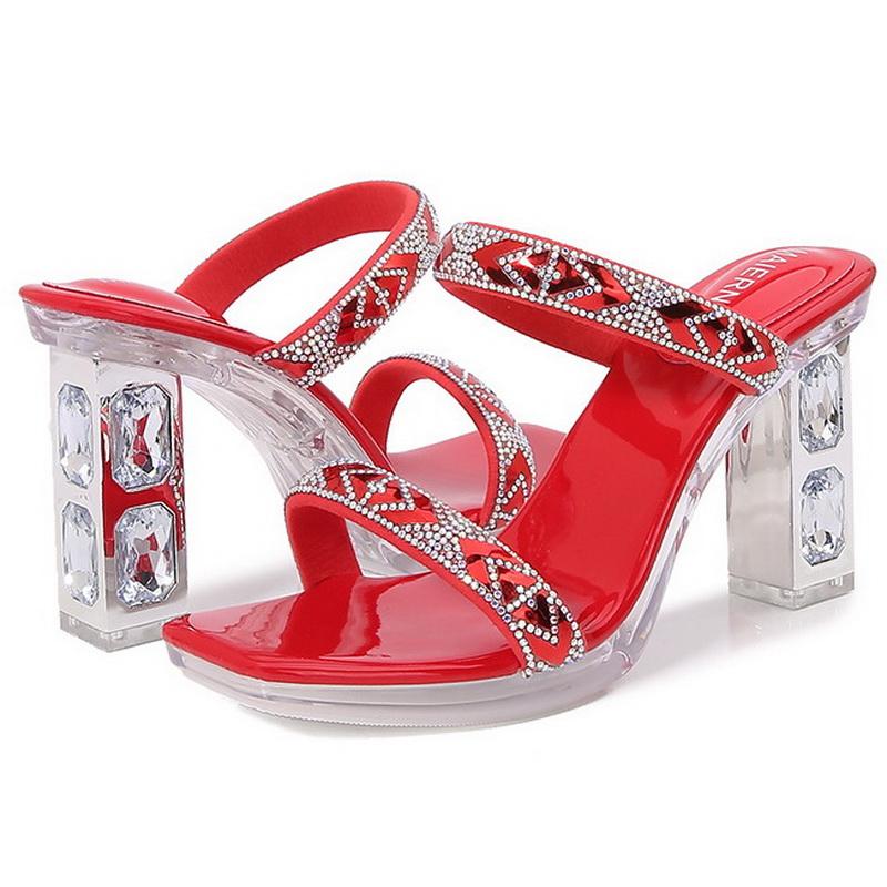 Damen Strass-High-Heel-Sandalen Quadratische Zehenpartie Dicker Absatz Mules für Büro Nachtclub Party Kneipe Bankett Hochzeit Anziehen