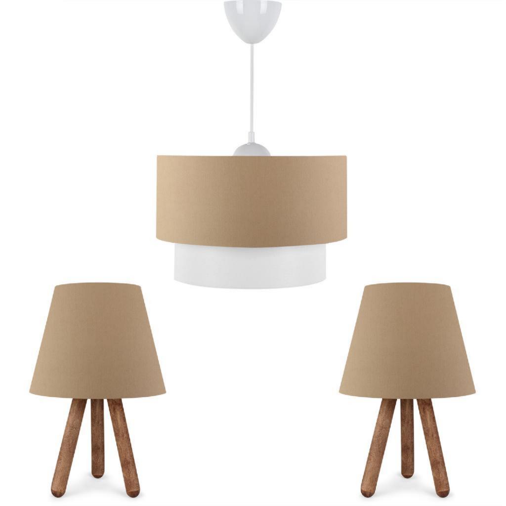 

Art Triple Chandelier and Lampshade Set Wooden Legs Brown Fabric Headboard