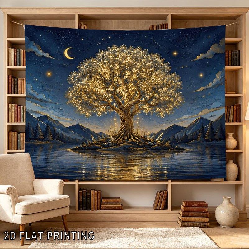 2D Flat, 1pc Horizontal Glowing Tree Tapestry Suitable for Wall Decor - Starry Night Lake Island with Crescent Moon & Mountain Backdrop, Magical Bohem