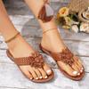 Sandale plate de damă cu flori, papuci de damă, papuci de damă, stil boho, bandă împletită, pantofi cu vârf deschis, șlapi casual anti-alunecare