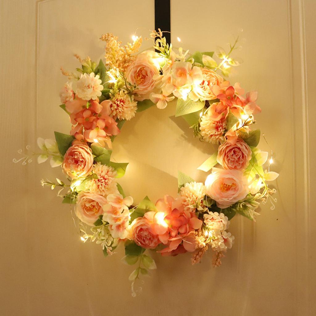 11cm Spring Front Door Wreath with LED Light Colorful Festive Decoration Flower Wreath Decor for Home Holiday Wedding Party