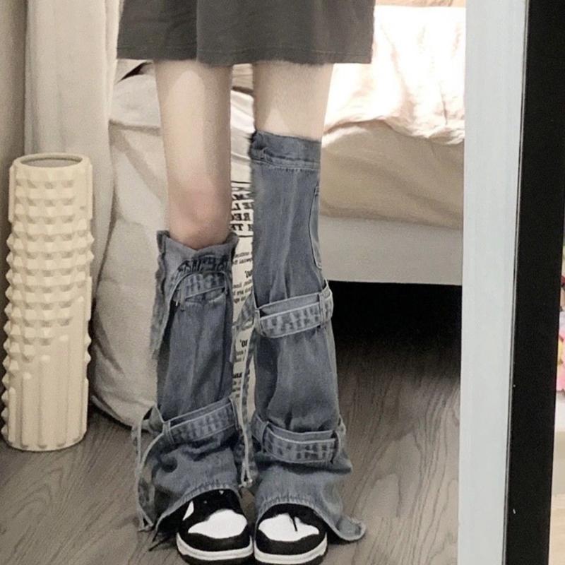 Womens Harajuku Punk Rock Denim Leg Warmer Socks Gothic Bandage Buckled Knee High Foot Cover Aesthetic Grunge Streetwear
