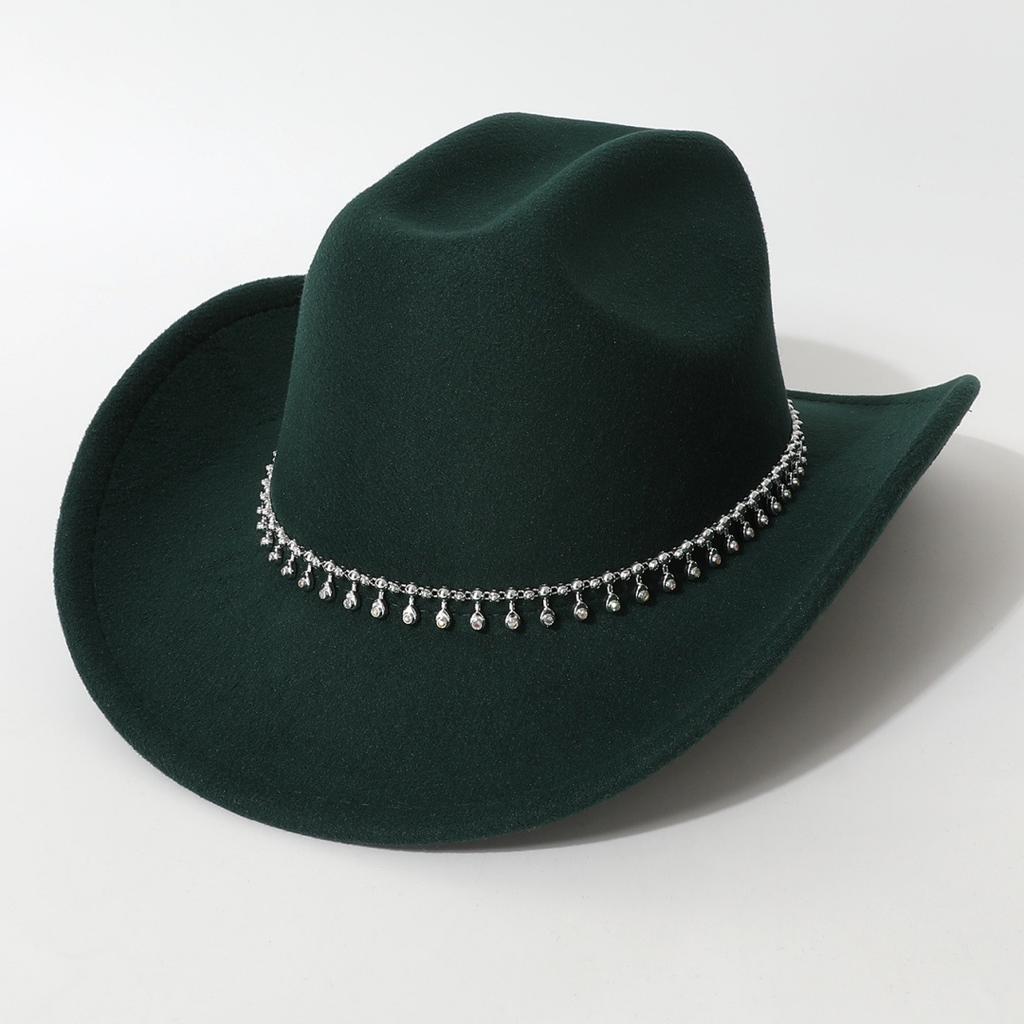 Women's Unisex Western Cowboy Hat with 3D Round Gems, Rhinestones, Rivets, and Chain Decorations, Wedding Party Hat