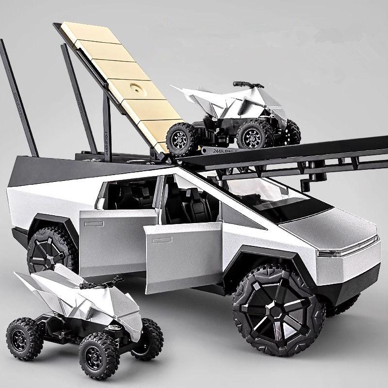 1/32 Tesla Cyber the Truck Pickup Alloy Camping RV Car Model Diecasts Metal Toy Van Motorhome Touring Car Model Sound Light Kids Gifts