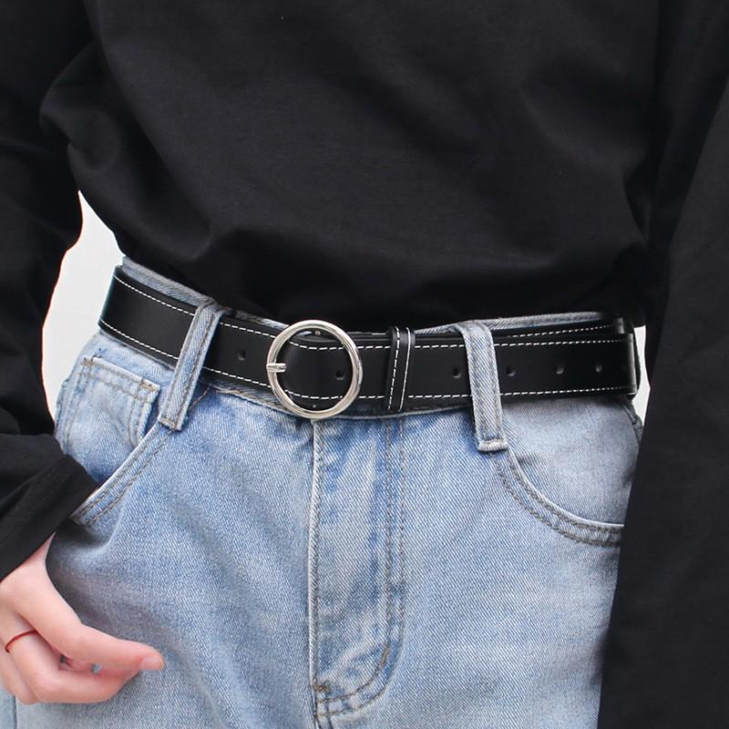 Womens Black Faux Leather Belt With Alloy Buckle Slim Adjustable Waistband Jeans Casual Outfits
