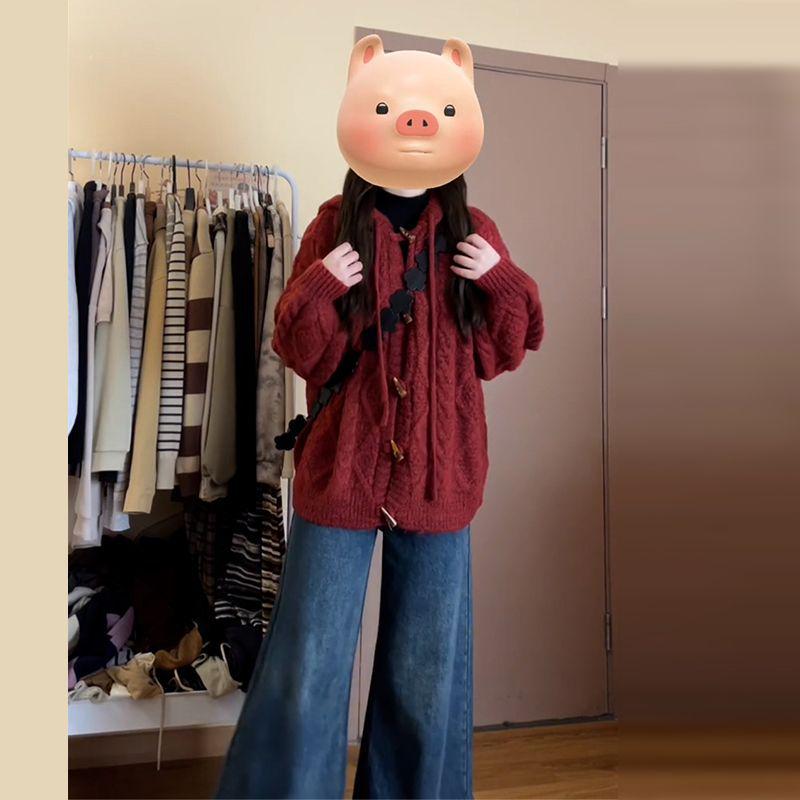 Women's Red Horn Button Hooded Knit Cardigan - Chinese New Year 2025 Style