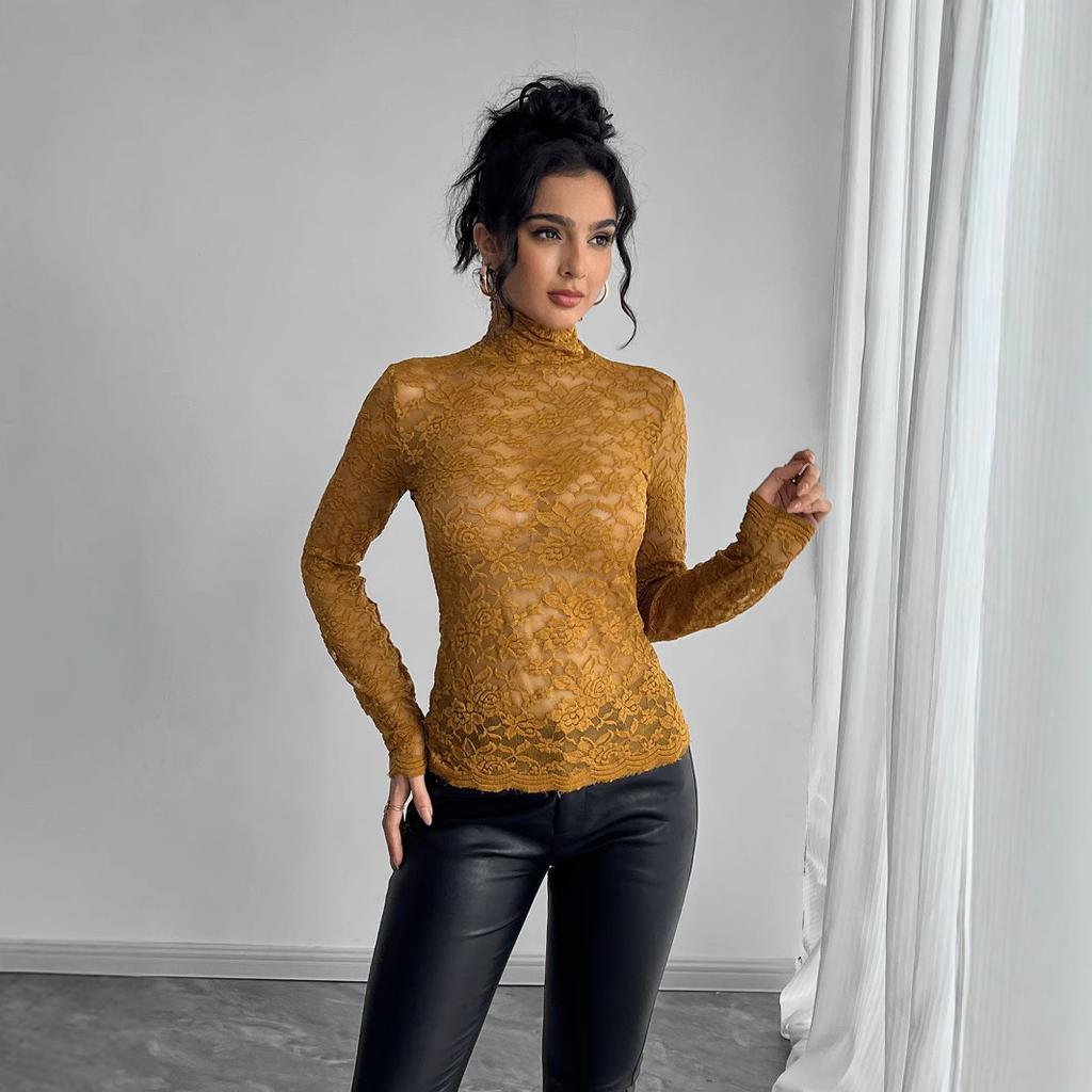 Spring Women's Lace Long Sleeve Stretch High Neck T-Shirt