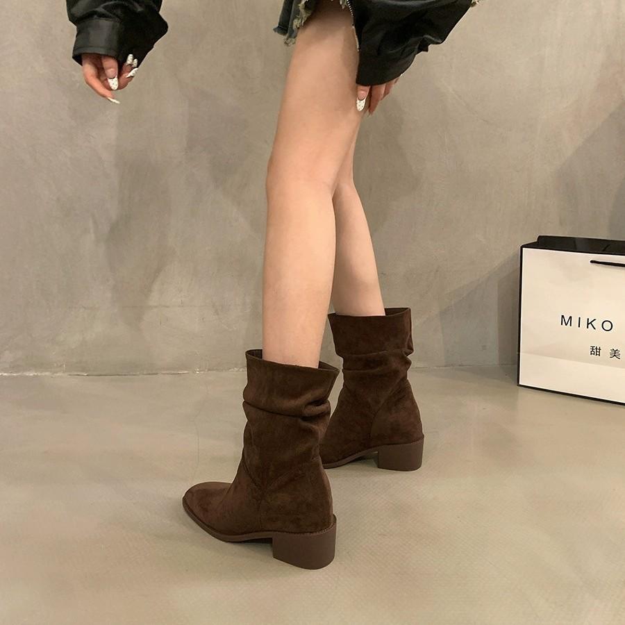Retro Stacking Boots Women's Summer and Autumn 2025 New Thin Khaki Martin Boots Thick Heel Photo Cowboy Short Boots Women