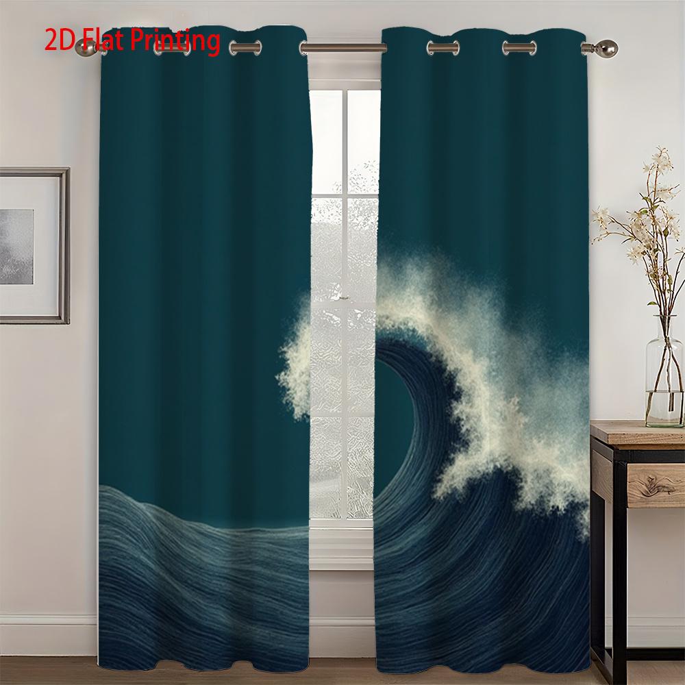 Set Of 2 Dark Blue Ocean Wave Pattern Curtains Flat Printing Semi Transparent Polyester Fabric Top Design Living Curtain With Grommet