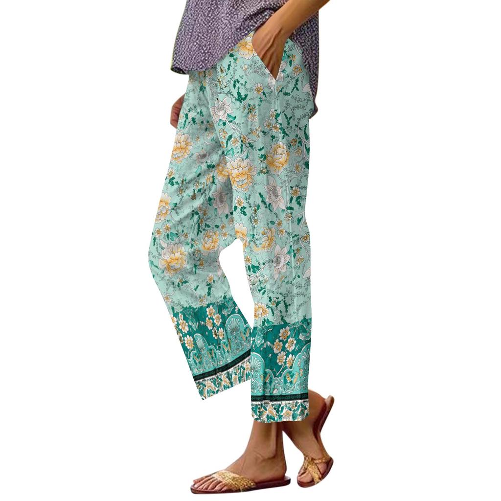 Women Capri Pants Casual Tropical Floral Print Elastic High Waist Drawstring Loose Fit Summer Beach Cropped Trousers
