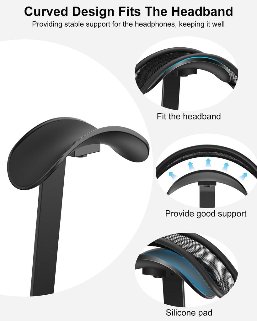 Suporte de Fone de Ouvido VICHYIE para AirPods com Barra de Suporte de Liga de Alumínio e Base Estável Compatível com a Maioria dos Fones de Ouvido Preto Máximo, Base Antiderrapante, -