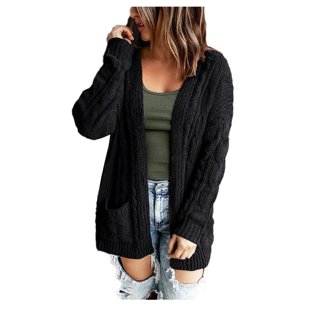 Women's Solid Color Pocket Mid Length Knit Cardigan Jacket Sweater