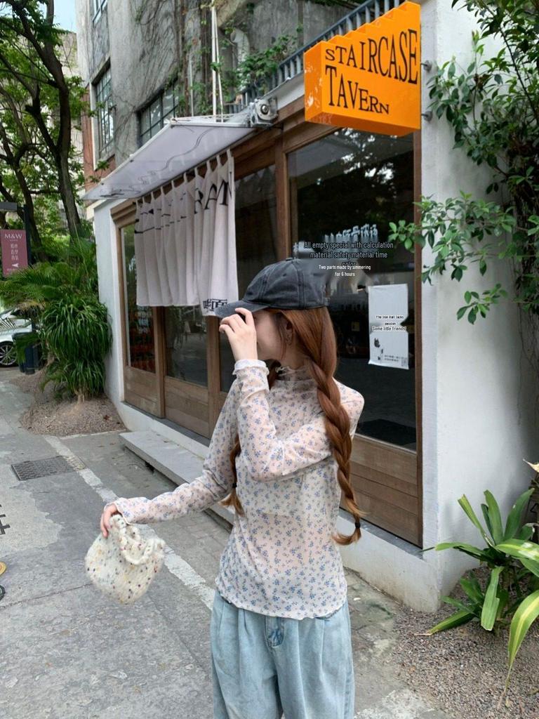 Damen Blau Floral Hochgeschlossenes Langarm Rüschen Oberteil - Herbst Koreanischer Stil, Leicht Durchsichtig