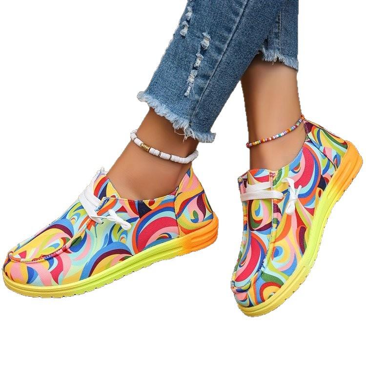 Large size new lace-up color low-top single shoes women's graffiti lazy canvas flat-soled single shoes