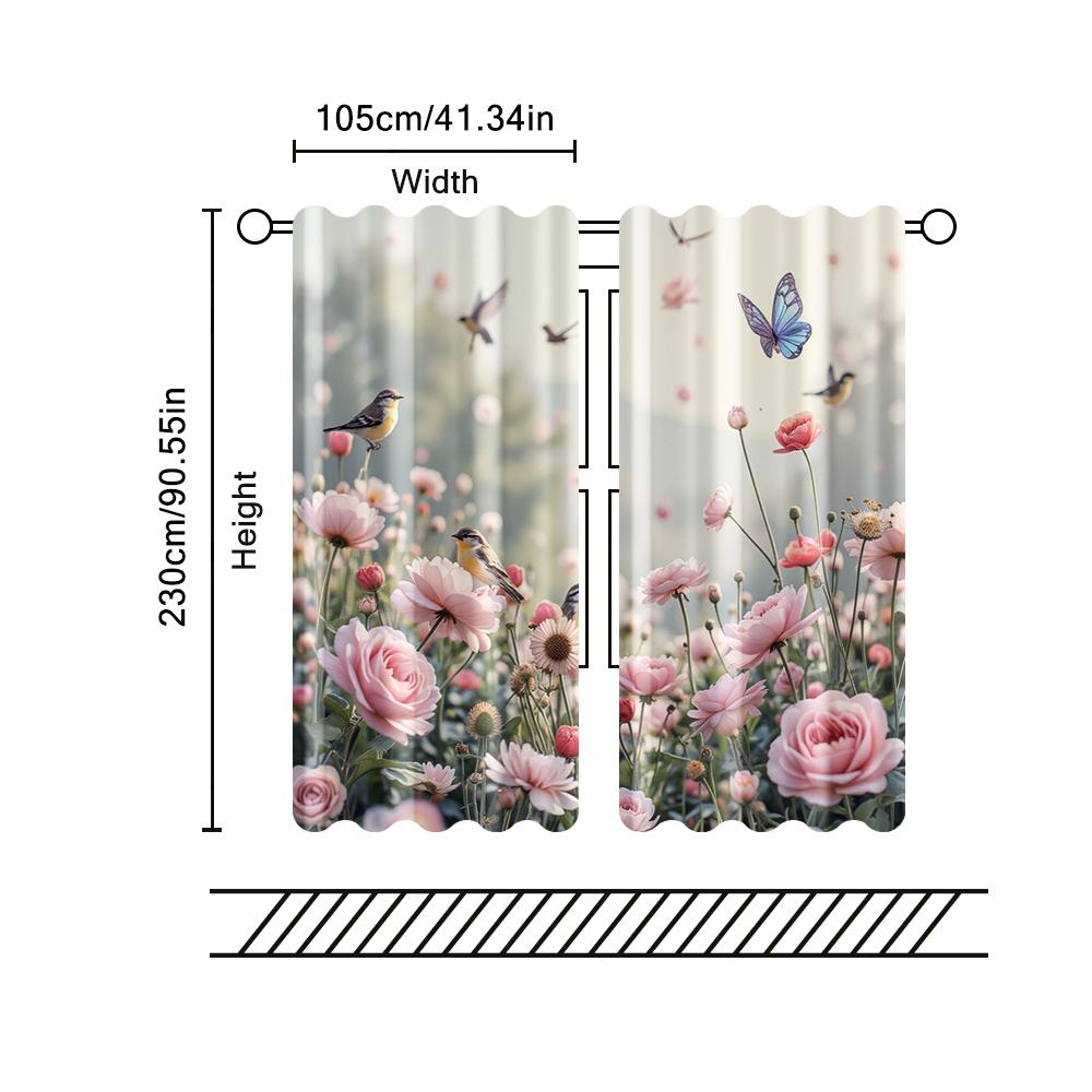 2 pcs, filtering curtains (excluding rods, non-movable, without batteries) Floral and Bird for use in bedrooms and living rooms