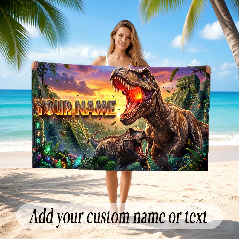 Dinosaur Theme Quick Dry Beach Towel Custom Name Text Print Large Sand Resistant Towel Beach Vacation