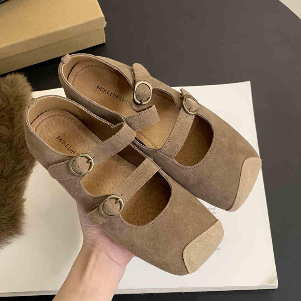 Fashion Retro Ballet Flat Belt Buckle Slip on Mary Jane Loafers for Women Daily Square Toe Comfort Soft Sole Leather Shoes Zapatos Mujer