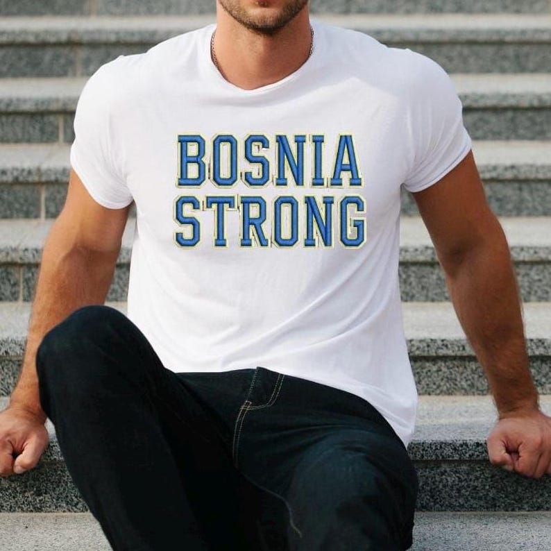 Bosnia Strong Shirt, Faux Embroidery Look Tee, Bosnian Pride T-Shirt, Sticker Print Graphic Shirt, Bosnia Gift 2XL