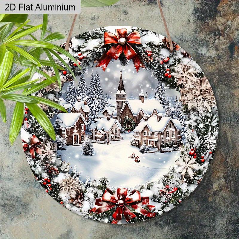 2D Flaches Aluminium-Weihnachtsschild mit Schneemannhaus-Muster - Weihnachtsfiguren-Anhänger - Ideal für Haustür, Wand, Veranda, Fensterdekoration - Ideal