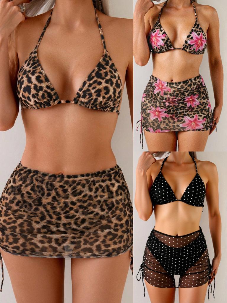 Leopard Print Bikini Set With Polyester Fabric And Padded Hanging Neck For Water Sports