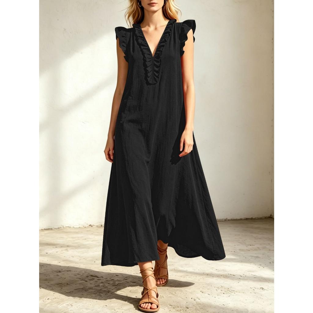 Summer Ruffled Flutter Sleeve V Neck Loose Casual Maxi Dress For Vacation, European American Crossborder Women Long Dress