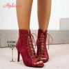 Aphixta Angola Red Thin Heels Summer Boot 9.5cm High Heels Women Ankle Boots Narrow Bands Peep Toe Shoes Ankle Boot Woman